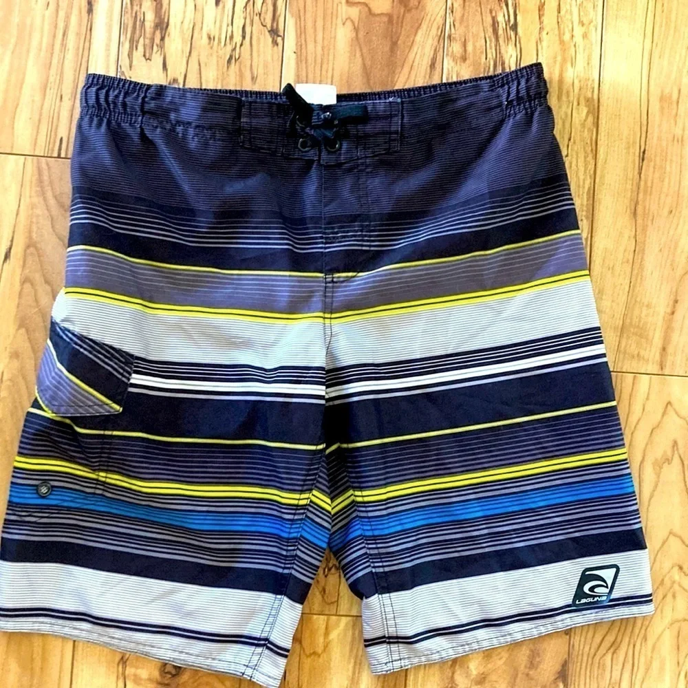 Laguna boys medium 1012 swim shorts black gray white and yellow